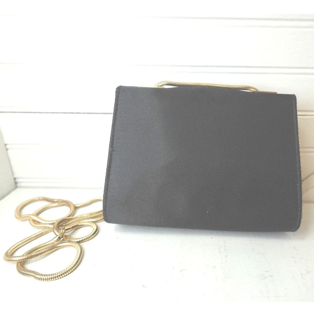 Ted Baker Gem Brooch Clutch Purse Black Satin Gold Tone Chain Rhinestone Flower